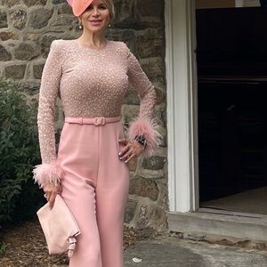 NADINE MERABI Blush Pink Feathered Jumpsuit